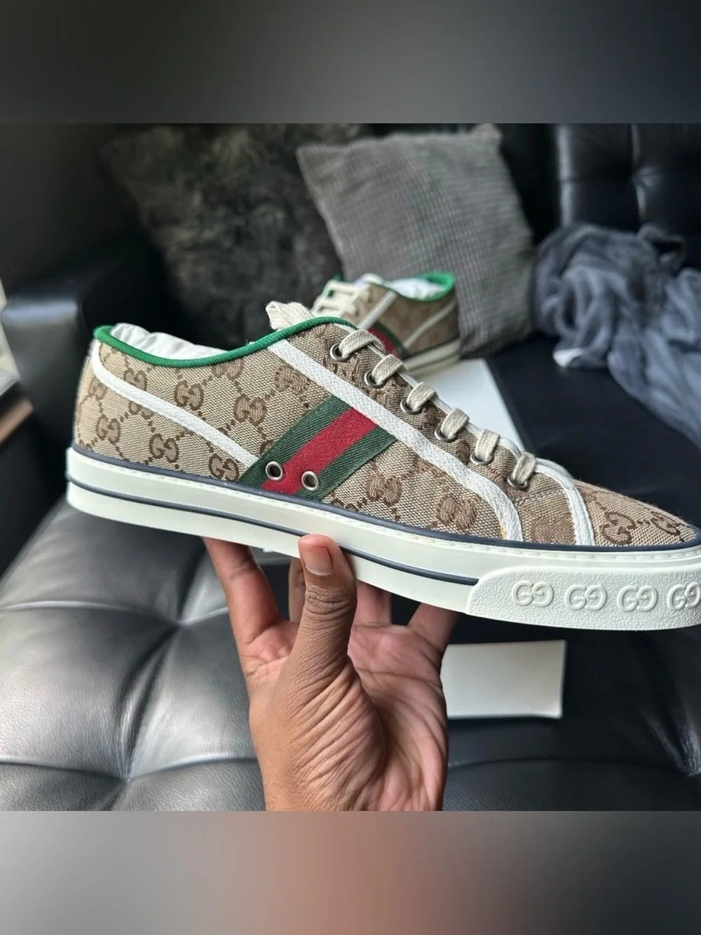 Gucci GG Supreme Canvas Ace Sneaker in Beige with Green and Red Web